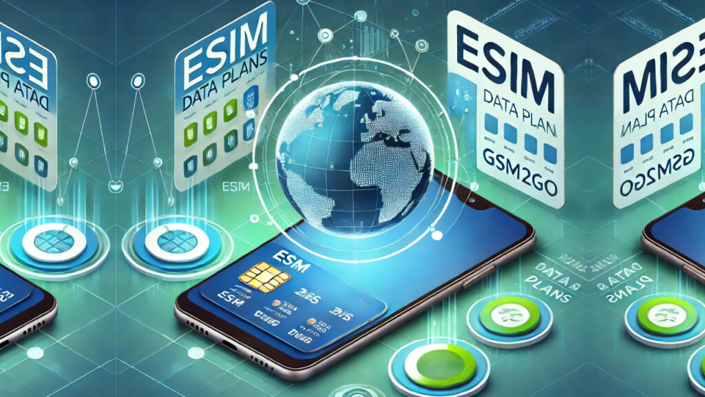 رسم توضيحي لعملية اختيار شريحة eSIM المناسبة، يظهر هاتفًا يعرض خطط اتصال مختلفة، مع خلفية تضم خريطة العالم وخطوط اتصال عالمية، وإشارة إلى مزود مثل GSM2Go.