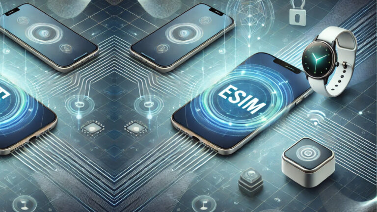 رسم توضيحي لتقنية شريحة eSIM ودورها في تحسين الأجهزة الذكية، يظهر هاتفًا ذكيًا وساعة ذكية ومركزًا منزليًا ذكيًا متصلة عبر eSIM، مع خطوط اتصال متشابكة.