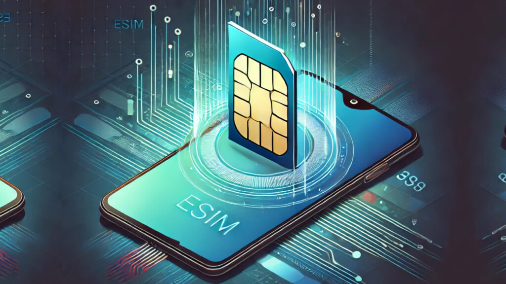 رسم توضيحي لتقنية شريحة eSIM يظهر هاتفًا ذكيًا يعرض خيارات مزود الخدمة، مع شريحة SIM تقليدية تتلاشى في الخلفية.