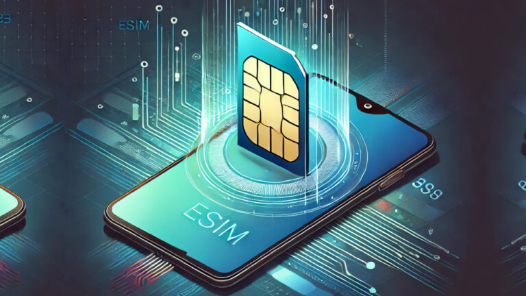 رسم توضيحي لتقنية شريحة eSIM يظهر هاتفًا ذكيًا يعرض خيارات مزود الخدمة، مع شريحة SIM تقليدية تتلاشى في الخلفية.