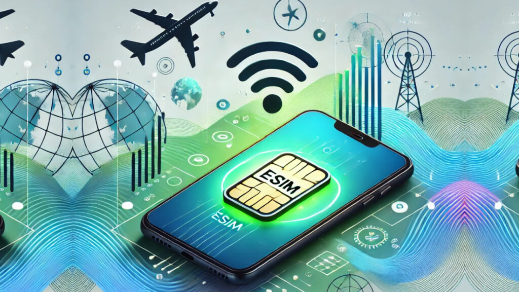 رسم توضيحي لفوائد شريحة eSIM أثناء السفر، يظهر هاتفًا ذكيًا مع أيقونة eSIM مضيئة، محاطًا برموز السفر مثل الطائرات والكرة الأرضية.