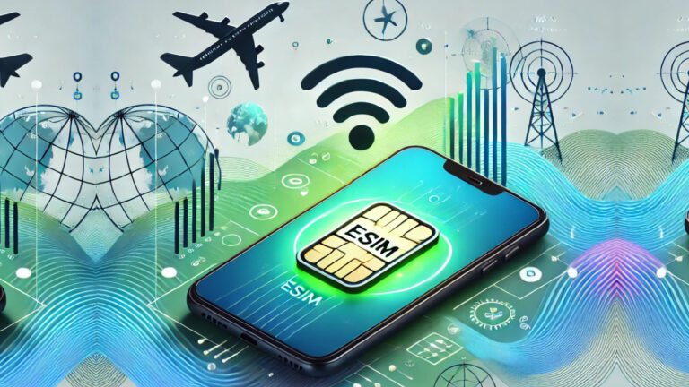 رسم توضيحي لفوائد شريحة eSIM أثناء السفر، يظهر هاتفًا ذكيًا مع أيقونة eSIM مضيئة، محاطًا برموز السفر مثل الطائرات والكرة الأرضية.
