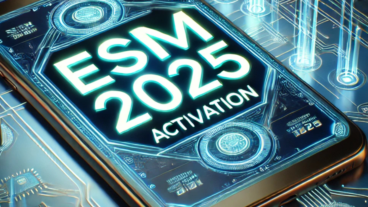 هاتف ذكي يعرض عبارة "eSIM 2025" مع واجهة تفعيل الشريحة الإلكترونية، يعكس تطور تقنيات الاتصال الحديثة.
