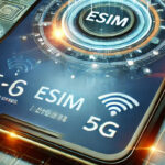 هاتف ذكي مستقبلي يعرض أيقونات eSIM و5G، مع خلفية رقمية تعكس سرعة الاتصال والتكنولوجيا الحديثة.