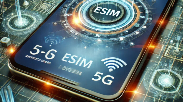 هاتف ذكي مستقبلي يعرض أيقونات eSIM و5G، مع خلفية رقمية تعكس سرعة الاتصال والتكنولوجيا الحديثة.