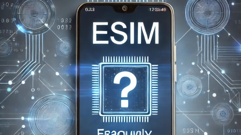 هاتف ذكي حديث يعرض شاشة تحتوي على أسئلة شائعة حول تقنية eSIM، مع رموز رقمية تعكس الاتصال والتكنولوجيا الحديثة.