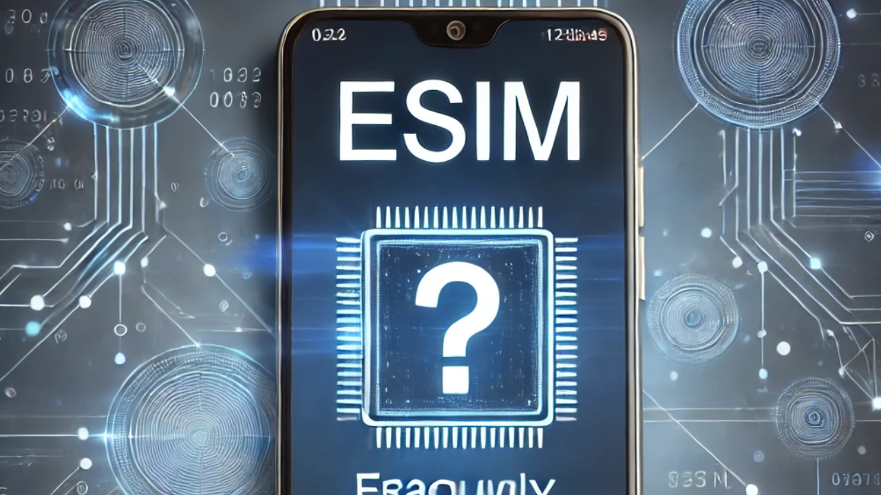 هاتف ذكي حديث يعرض شاشة تحتوي على أسئلة شائعة حول تقنية eSIM، مع رموز رقمية تعكس الاتصال والتكنولوجيا الحديثة.