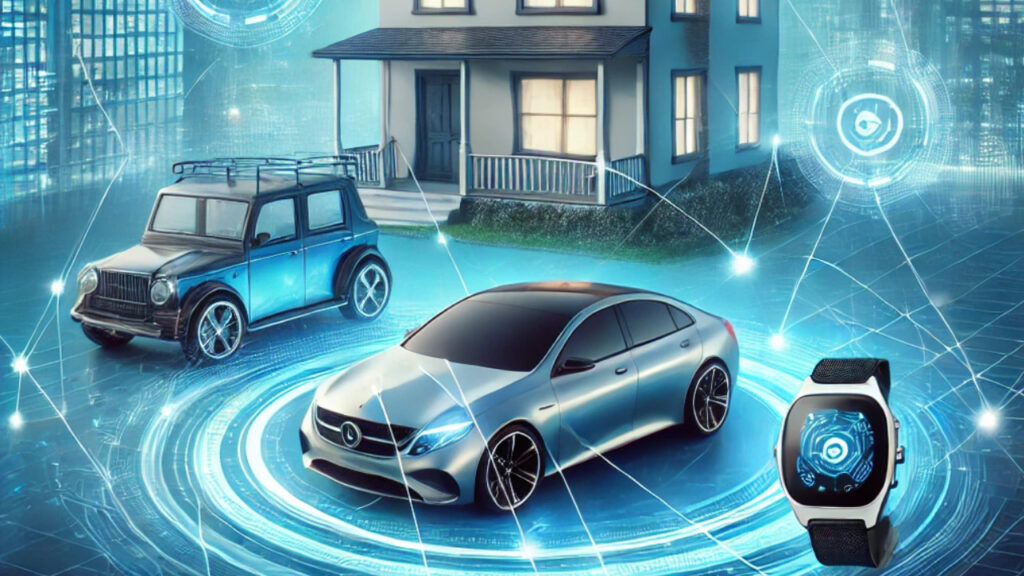 صورة توضح تكامل الأجهزة الذكية عبر تقنية eSIM، تشمل منزلًا ذكيًا، سيارة متصلة، وساعة ذكية، جميعها متصلة بإشارات رقمية تعكس تكنولوجيا إنترنت الأشياء (IoT).