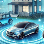 صورة توضح تكامل الأجهزة الذكية عبر تقنية eSIM، تشمل منزلًا ذكيًا، سيارة متصلة، وساعة ذكية، جميعها متصلة بإشارات رقمية تعكس تكنولوجيا إنترنت الأشياء (IoT).