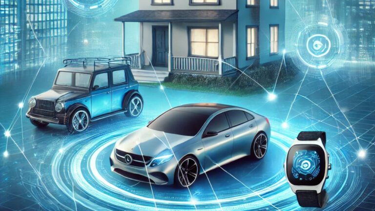صورة توضح تكامل الأجهزة الذكية عبر تقنية eSIM، تشمل منزلًا ذكيًا، سيارة متصلة، وساعة ذكية، جميعها متصلة بإشارات رقمية تعكس تكنولوجيا إنترنت الأشياء (IoT).
