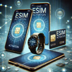 هاتف ذكي، ساعة ذكية، وجهاز لوحي جميعها تعرض شاشات تفعيل eSIM، مما يرمز إلى إمكانية استخدام شريحة eSIM على عدة أجهزة بسهولة.