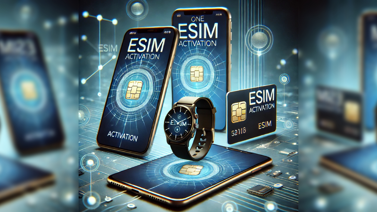 هاتف ذكي، ساعة ذكية، وجهاز لوحي جميعها تعرض شاشات تفعيل eSIM، مما يرمز إلى إمكانية استخدام شريحة eSIM على عدة أجهزة بسهولة.