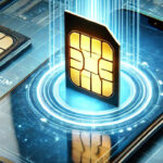 هاتف ذكي مستقبلي بدون منفذ لشريحة SIM، يعرض شاشة تفعيل شريحة eSIM، مع خلفية رقمية ترمز إلى التحول من الشرائح التقليدية إلى eSIM.