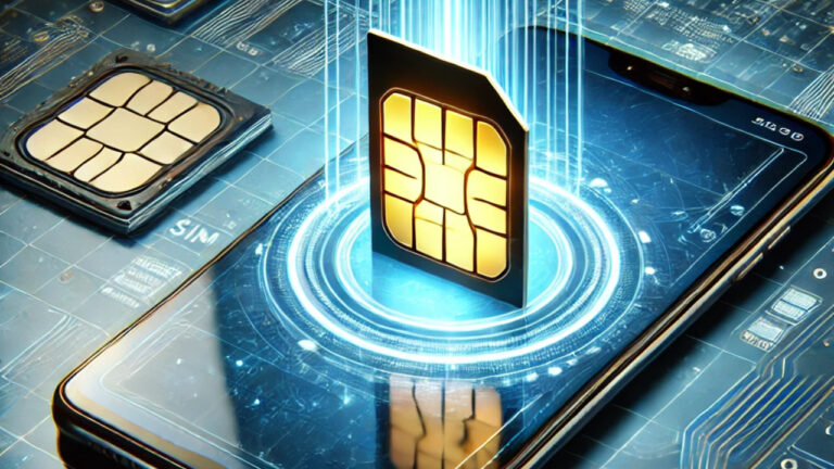 هاتف ذكي مستقبلي بدون منفذ لشريحة SIM، يعرض شاشة تفعيل شريحة eSIM، مع خلفية رقمية ترمز إلى التحول من الشرائح التقليدية إلى eSIM.