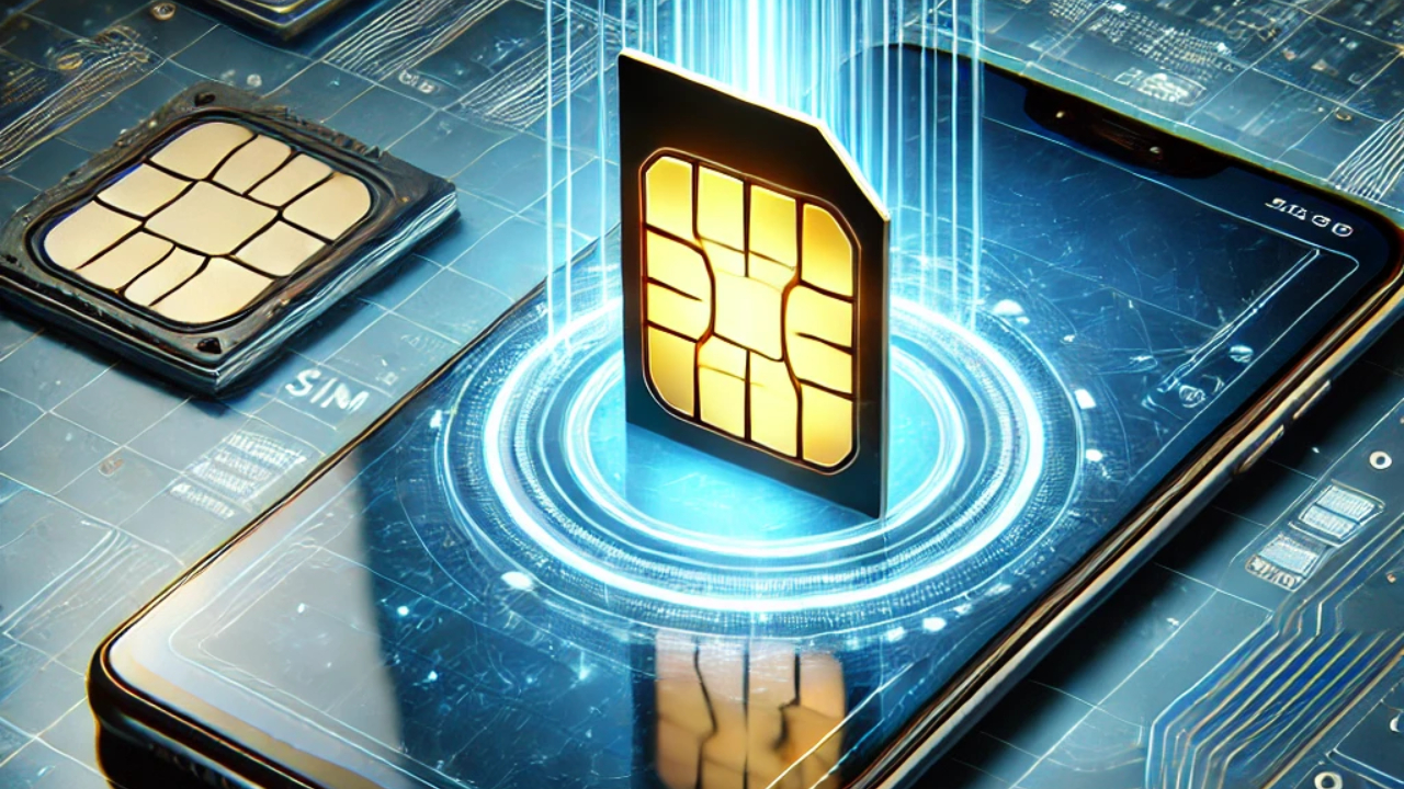 هاتف ذكي مستقبلي بدون منفذ لشريحة SIM، يعرض شاشة تفعيل شريحة eSIM، مع خلفية رقمية ترمز إلى التحول من الشرائح التقليدية إلى eSIM.