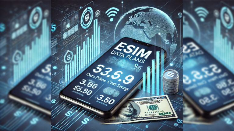شاشة هاتف ذكي تعرض مقارنة بين خطط بيانات eSIM مع رسوم بيانية توضح الفروقات في التكلفة ورموز العملة، مع خلفية رقمية تعكس الاتصال العالمي وكفاءة التكاليف.